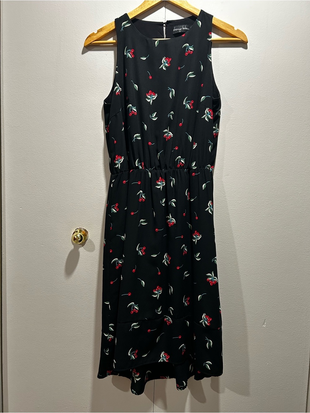 Cherry Bobin Sleeveless Black Midi Dress with Cherry Print - Made in Canada